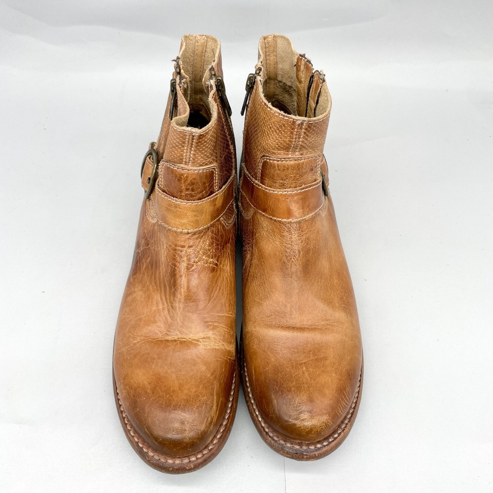 Bed Stu Womens 9 Becca Boots Tan Rustic Leather Moto Booties Zip Buckle Western - Picture 3 of 11
